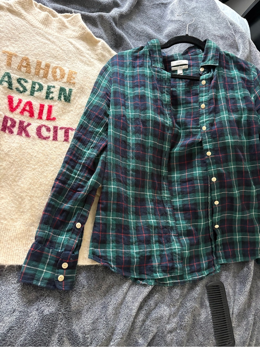 Green Plaid Button-Up Shirt and Lou and grey sweater